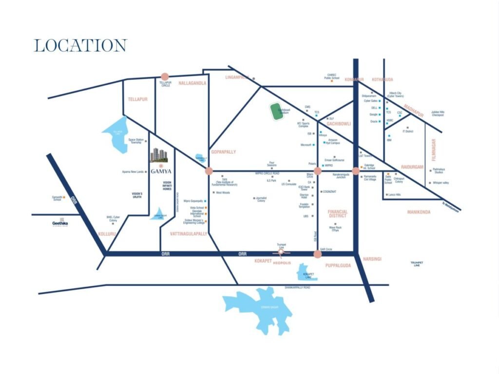 "Strategic location layout of Gamya by Supadha, highlighting connectivity to key landmarks and infrastructure."
