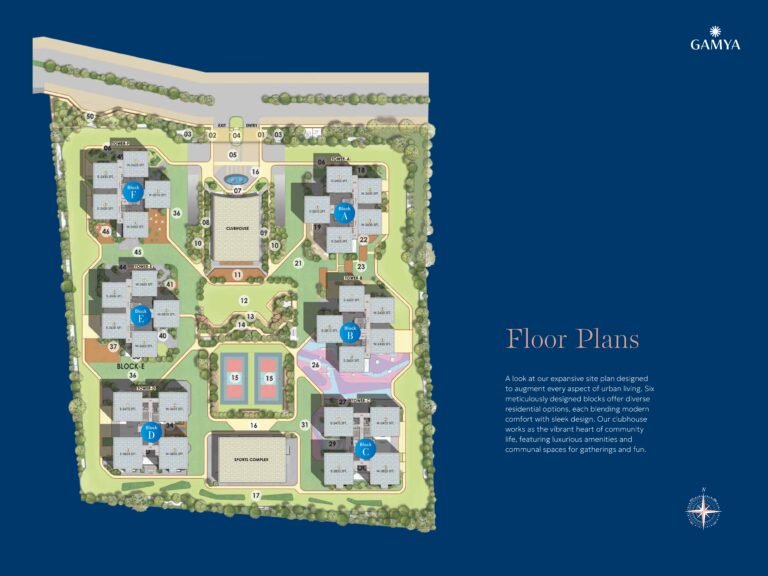 "Master site layout of Gamya by Supadha, showcasing residential towers, amenities, and green spaces"