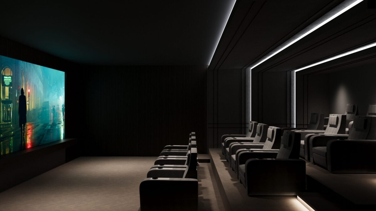 "Luxurious private preview theatre with plush seating and ambient lighting at Gamya by Supadha."