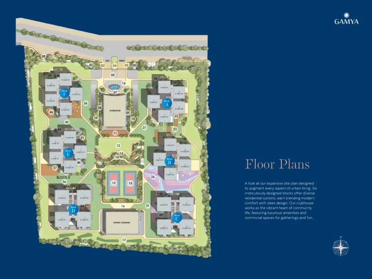"Master site layout of Gamya by Supadha, showcasing residential towers, amenities, and green spaces"