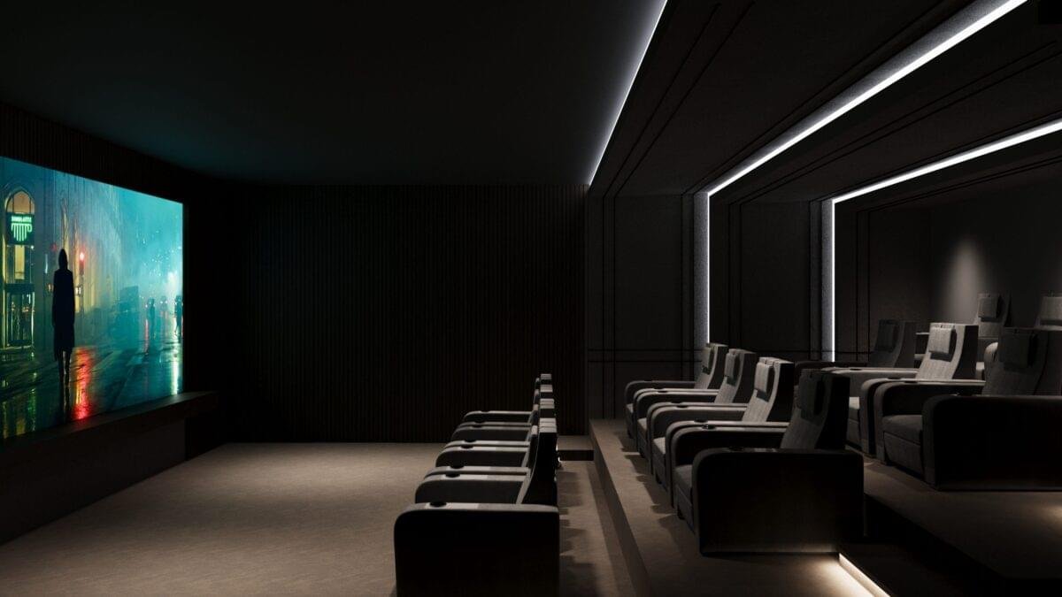 "Luxurious private preview theatre with plush seating and ambient lighting at Gamya by Supadha."
